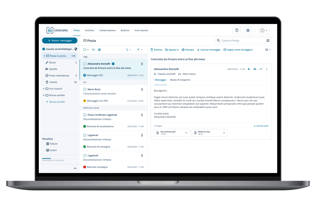 Schermata PC mostra posta in arrivo Legalmail