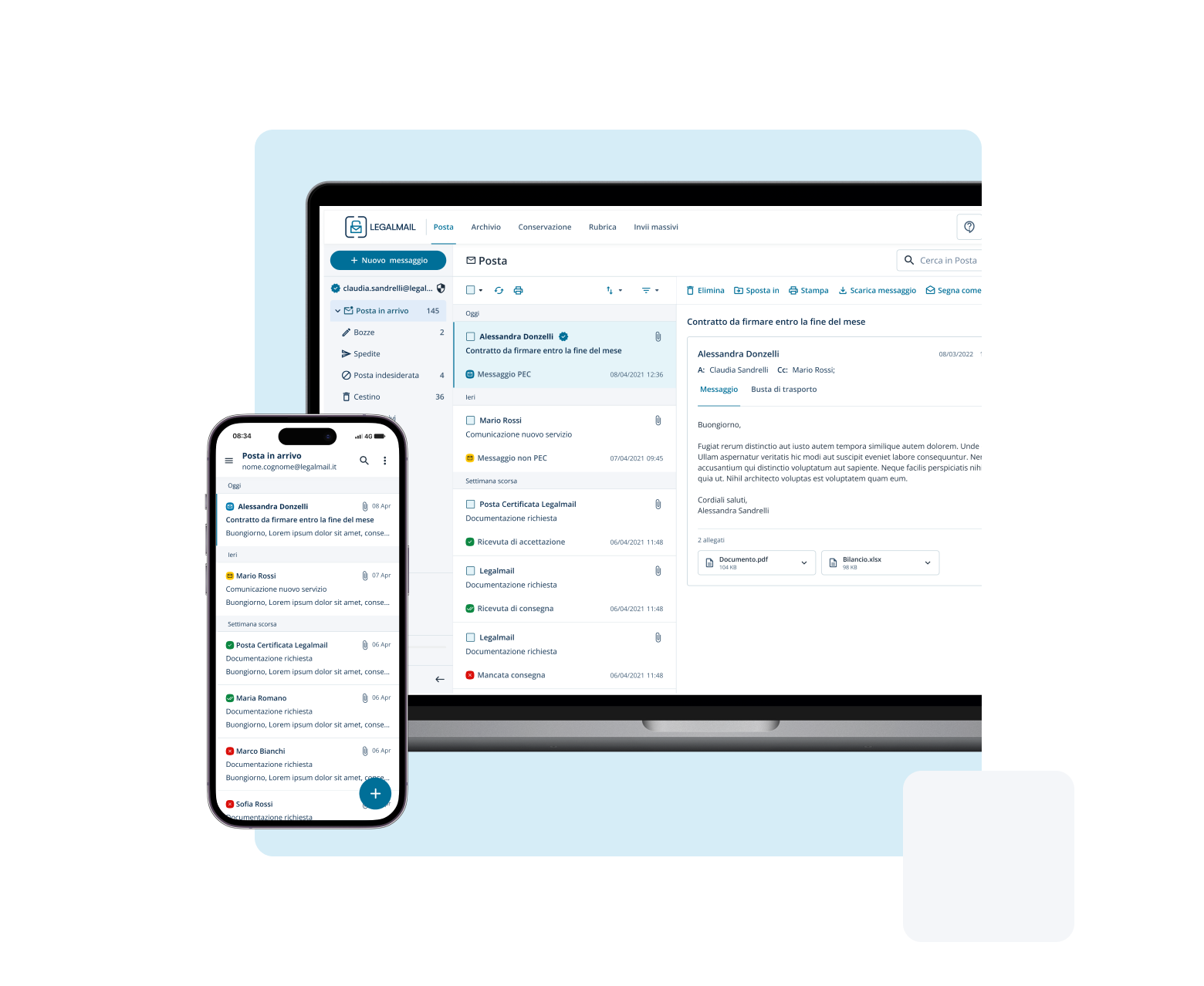 Schermate PC e smartphone mostrano posta in arrivo Legalmail