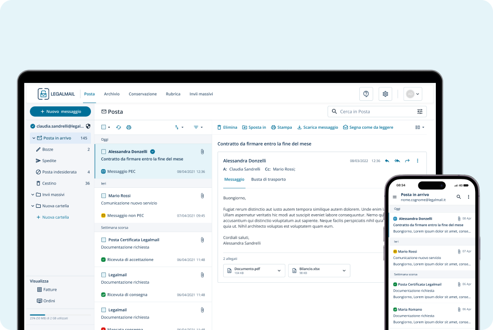 Schermate PC e smartphone mostrano posta in arrivo Legalmail