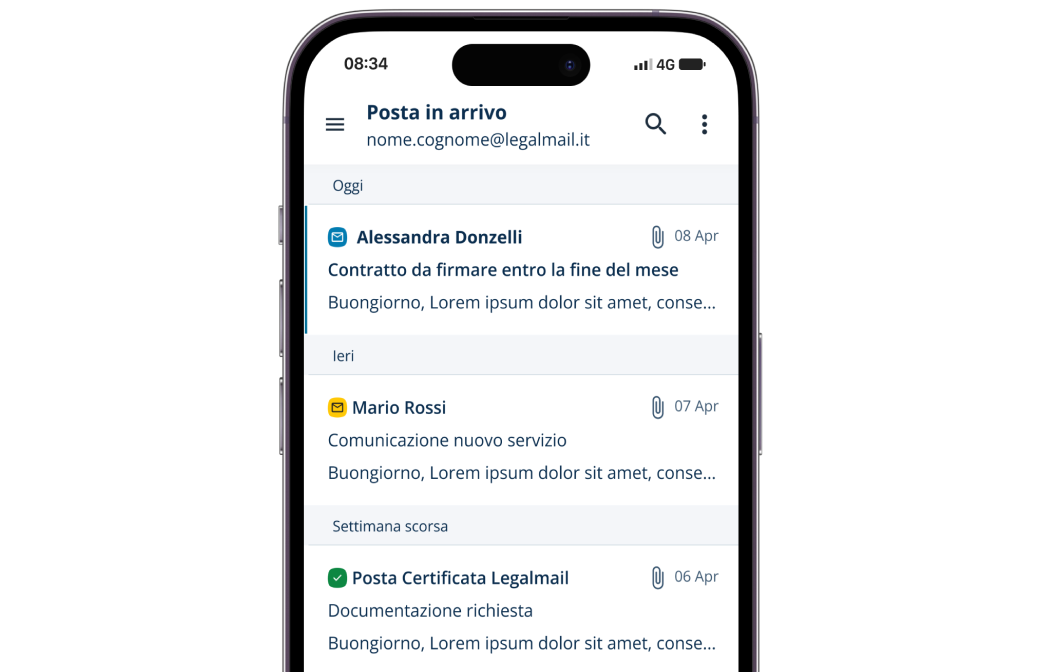 Schermata smartphone mostra posta in arrivo Legalmail