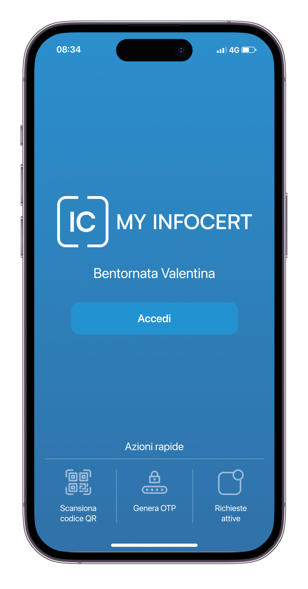 Schermata smartphone mostra funzioni app MyInfoCert
